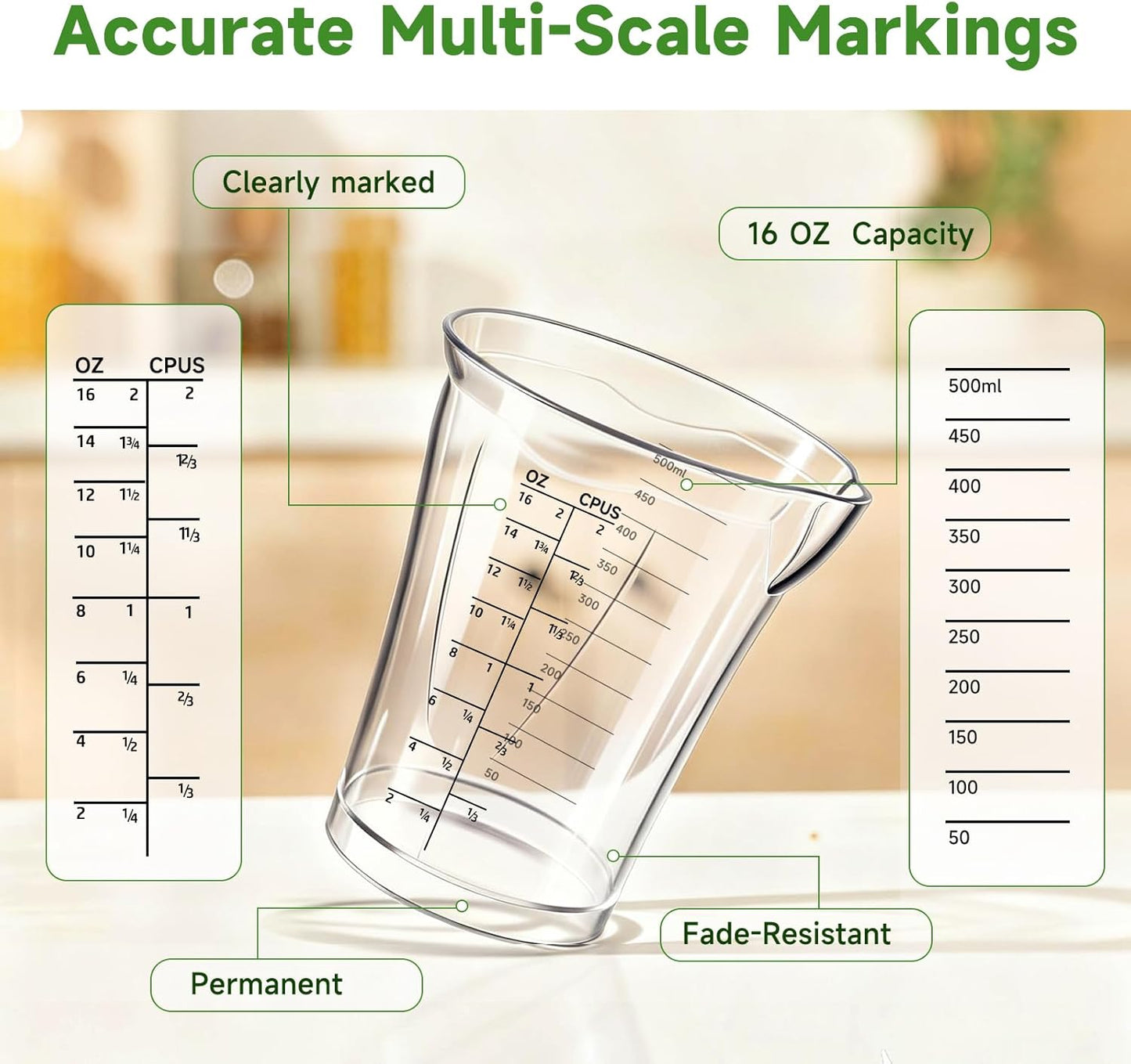 Blender Measuring Cup, 16 oz, Immersion Blender Cup, Compatible with Cuisinart Hand Blender, for Sauce Smoothies Egg Mixture Etc, (Plastic material, height 5.2in, capacity 16 oz,500ml).
