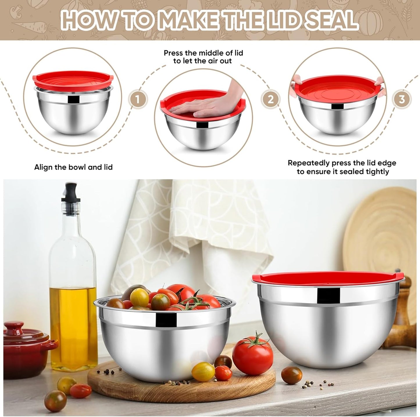 TeamFar Mixing Bowls with Lids, 5-Piece Stainless Steel Metal Nesting Salad Bowl for Mixing Prepping, Healthy & Heavy Duty, Airtight Lids & Dishwasher Safe, 4.5/3/1.5/1/0.7 QT-Khaki