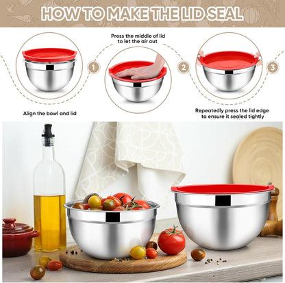 TeamFar Mixing Bowls with Lids, 5-Piece Stainless Steel Metal Nesting Salad Bowl for Mixing Prepping, Healthy & Heavy Duty, Airtight Lids & Dishwasher Safe, 4.5/3/1.5/1/0.7 QT-Khaki