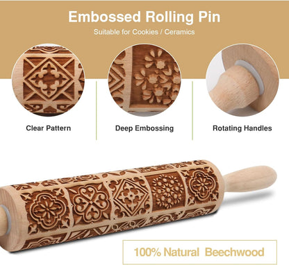 Floral Vine Embossed Rolling Pins for Cookies, Wooden Engraved Rolling Pins for Baking, Embossing Rolling Pins with Designs, Patterned Rolling Pin Decorative Springerle Mold Stamp Clay Pattern Roller