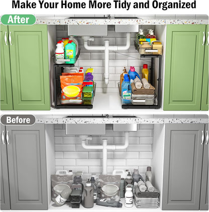 ARSTPEOE Under Sink Organizer - 2 Packs Multi-Purpose Pull-Out Storage Organizers, Slide out Pull out Metal Cabinet Organizer Shelf, Storage for Kitchen Bathroom, Black