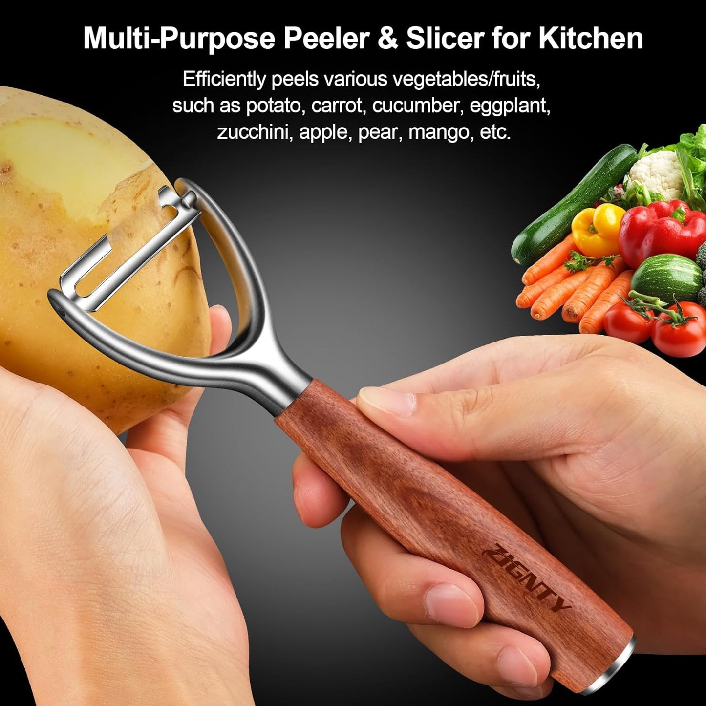 Vegetable Peeler Stainless Steel, Premium Potato Peelers for Kitchen, Ultra Sharp Rotary Blade Fruit & Veggie Peeler, Apple Peeler, I Shaped Peeler Real Wood Non-Slip Handle（5 Years Warranty）