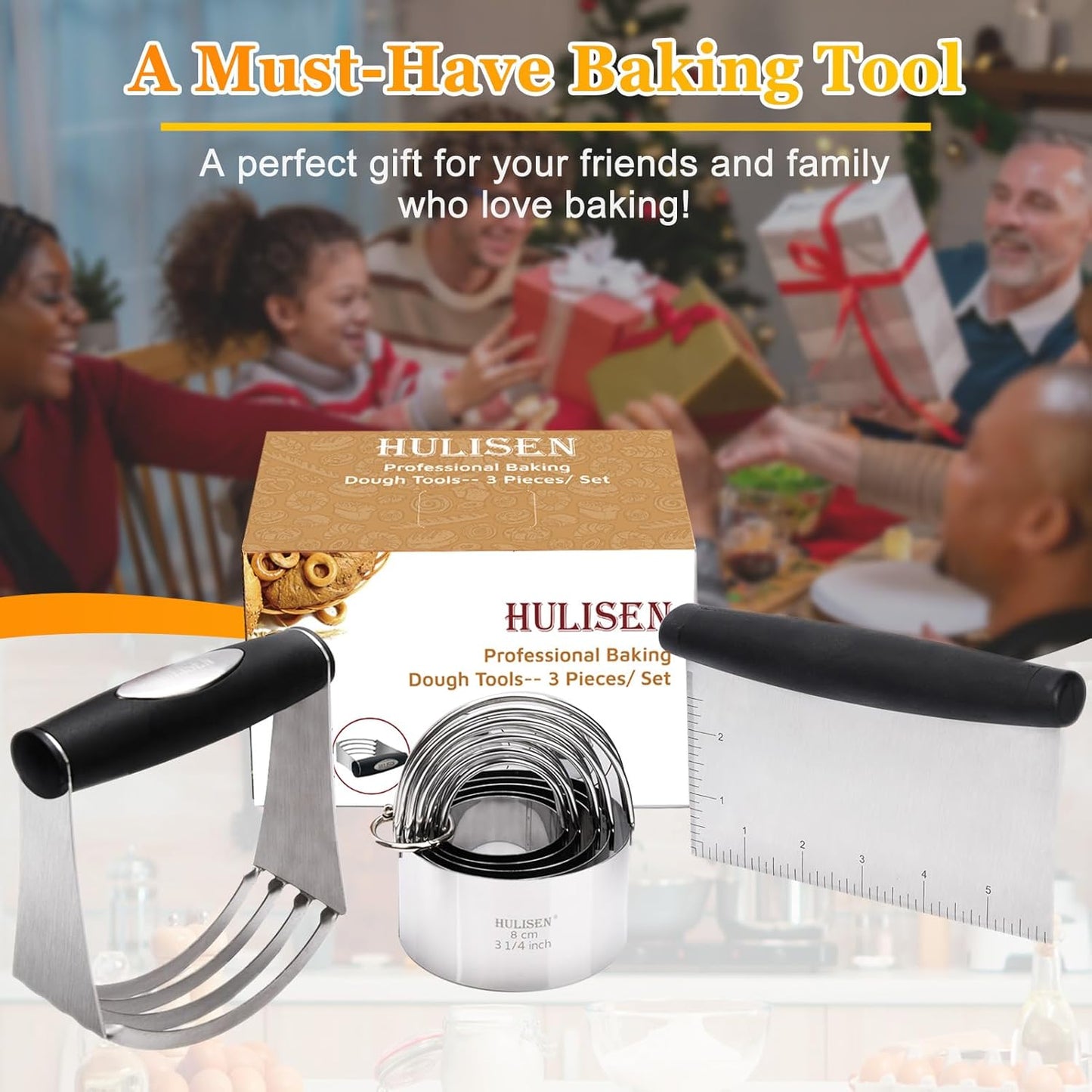 HULISEN Stainless Steel Biscuit Cutter Set, Pastry Scraper and Dough Blender, Sturdy & Long-Lasting with Ergonomic Rubber Grip, Professional Baking Dough Tools, Gift Package (3 Pcs/Set)