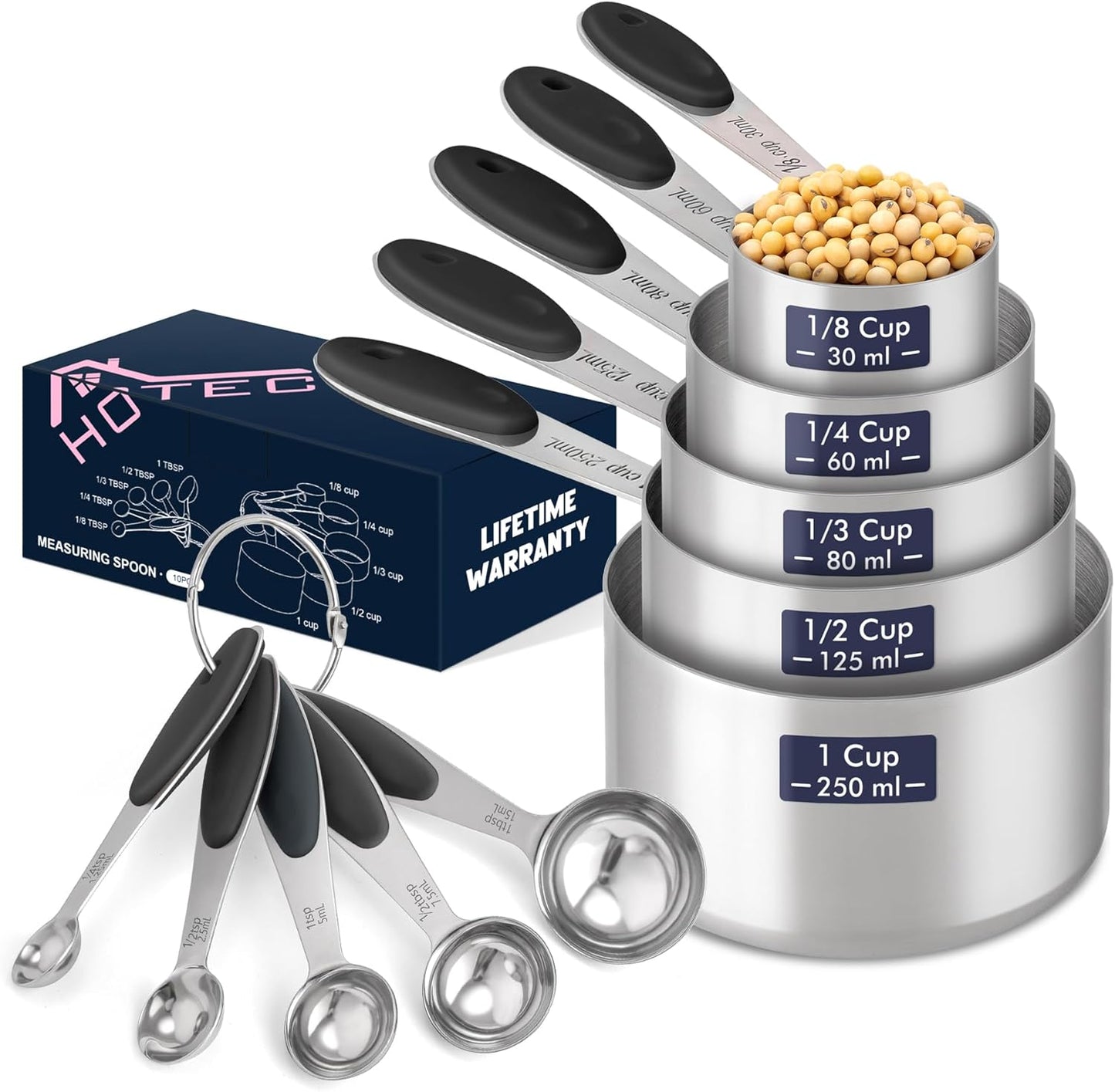 HOTEC 10-Pack Measuring Cups &Spoons Set, Kitchen Gadagets Cooking Baking, Measuring Spoons, Heavy Duty & Dishwasher Safe for Dry and Liquid Ingredients, Multicolor
