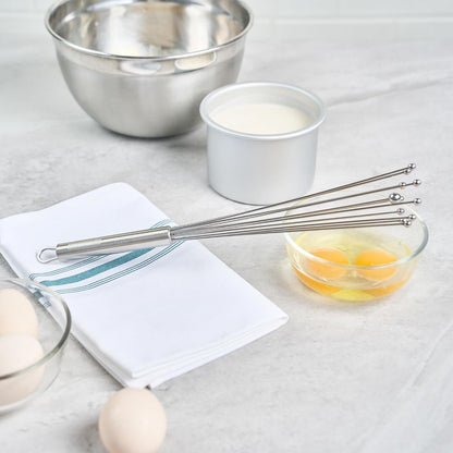 Restaurantware 10.5 in Stainless Steel Ball Whisk - German Standard Egg Beater with Ergonomic Handle, Dishwasher Safe - Manual Mixer Cooking Whisk for Baking, Stirring, Sauces, Beating