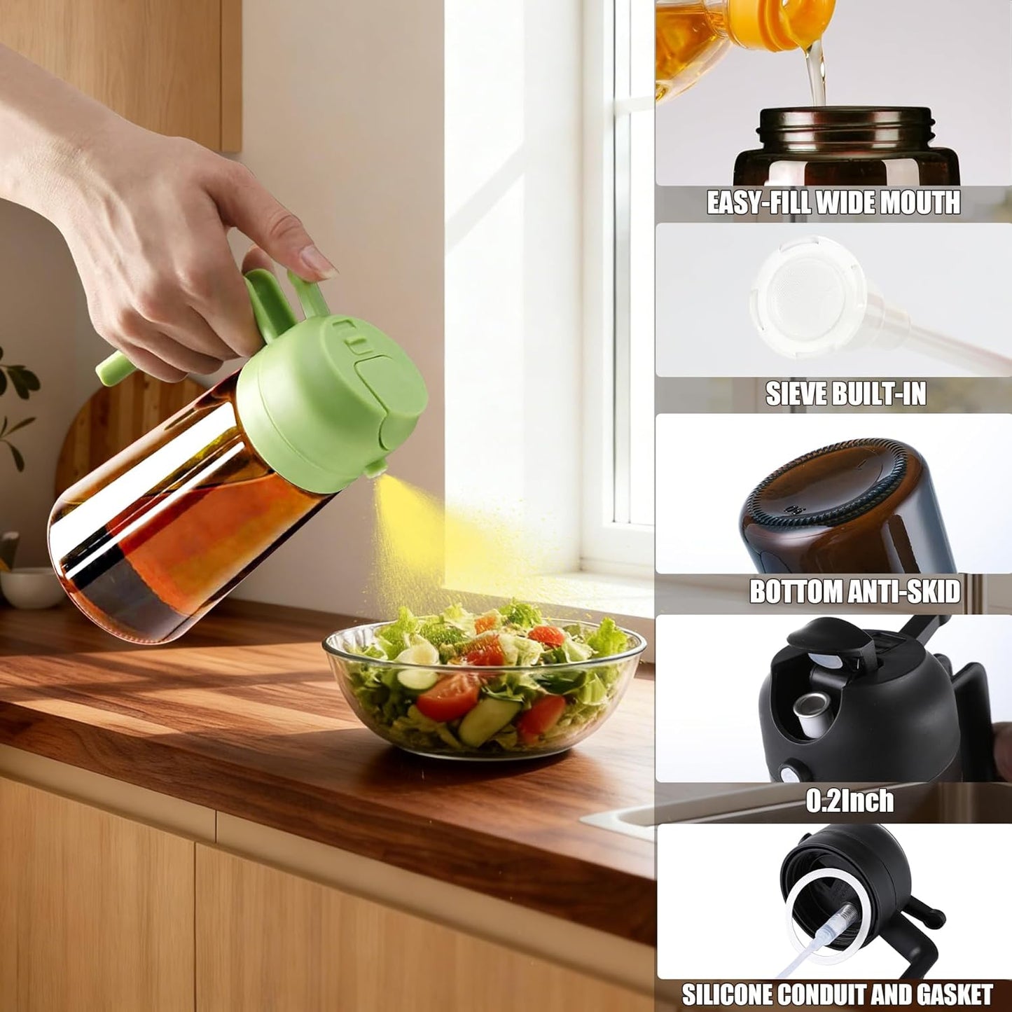 OURCABECUE 2 in 1 Olive Oil Sprayer for Cooking, 16oz/470ml Light-Blocking Dark Olive Oil Dispenser Bottle for Kitchen, Food-Grade Glass Oil Mister with 8 Oil Stickers