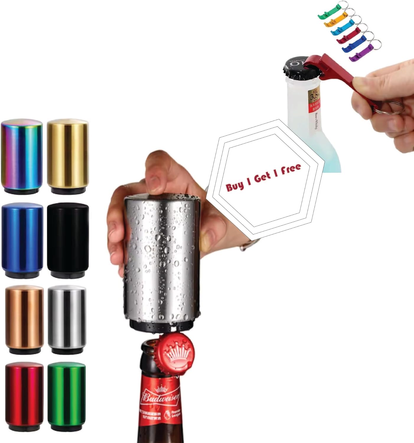 Stainless Steel Push Down Magnetic Automatic Beer Bottle Opener & Aluminum Key Ring Bottle Opener Keychain - Combo Pack for Bottle Caps - Portable, Durable, Multi-Color Options (Black)