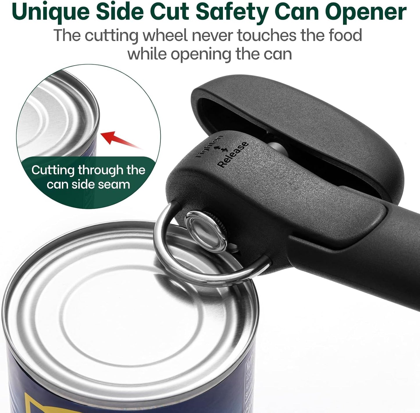 Beneno Can Opener, Safety Side Cut Manual Can Opener with Sharp Cutting Blade Smooth Edge, Effortless Easy to Turn Knob, Comfort Grip Handle, Smooth Cutting Can Lid with no Sharp Edges, Black