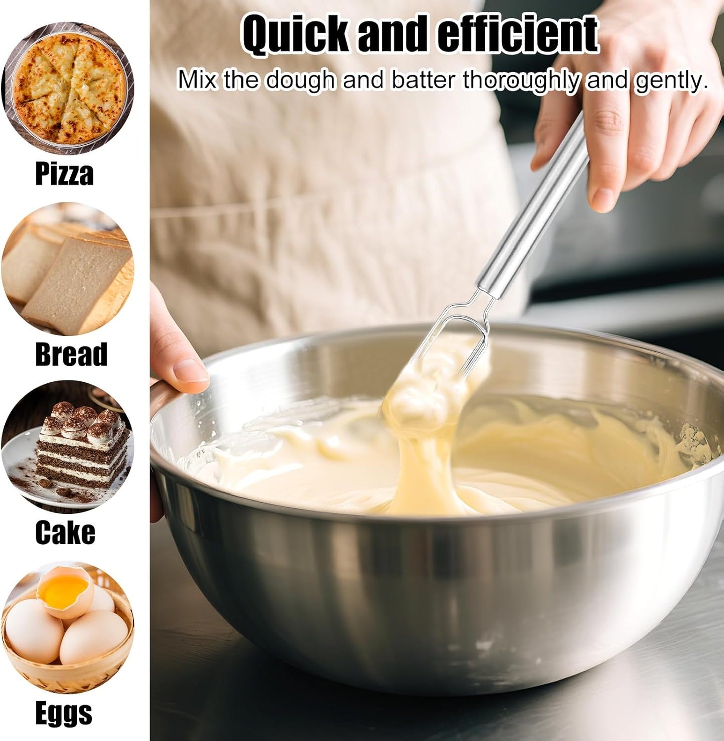2pcs Dough Whisks, Stainless Steel Durable Dough Mixer Hand Tools Reaches Jar Bottom Bread Whisk Tool for Pizza Bread Cake Eggs Mixing