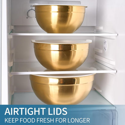 Gold Mixing Bowls With Airtight Lids,Stainless Steel Bowl,Salad Bowls 7 Piece Colorful Nesting Bowl Gold Kitchen Accessories,Size 7,3.6,2.7,2.1,1.5,1.1,0.8QT Stackable Design