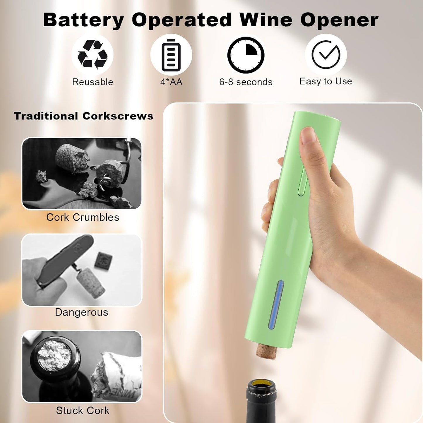 COKUNST Electric Wine Opener, Battery Operated Wine Bottle Openers with Foil Cutter, One-click Button Corkscrew Remover for Home Kitchen Party Wedding