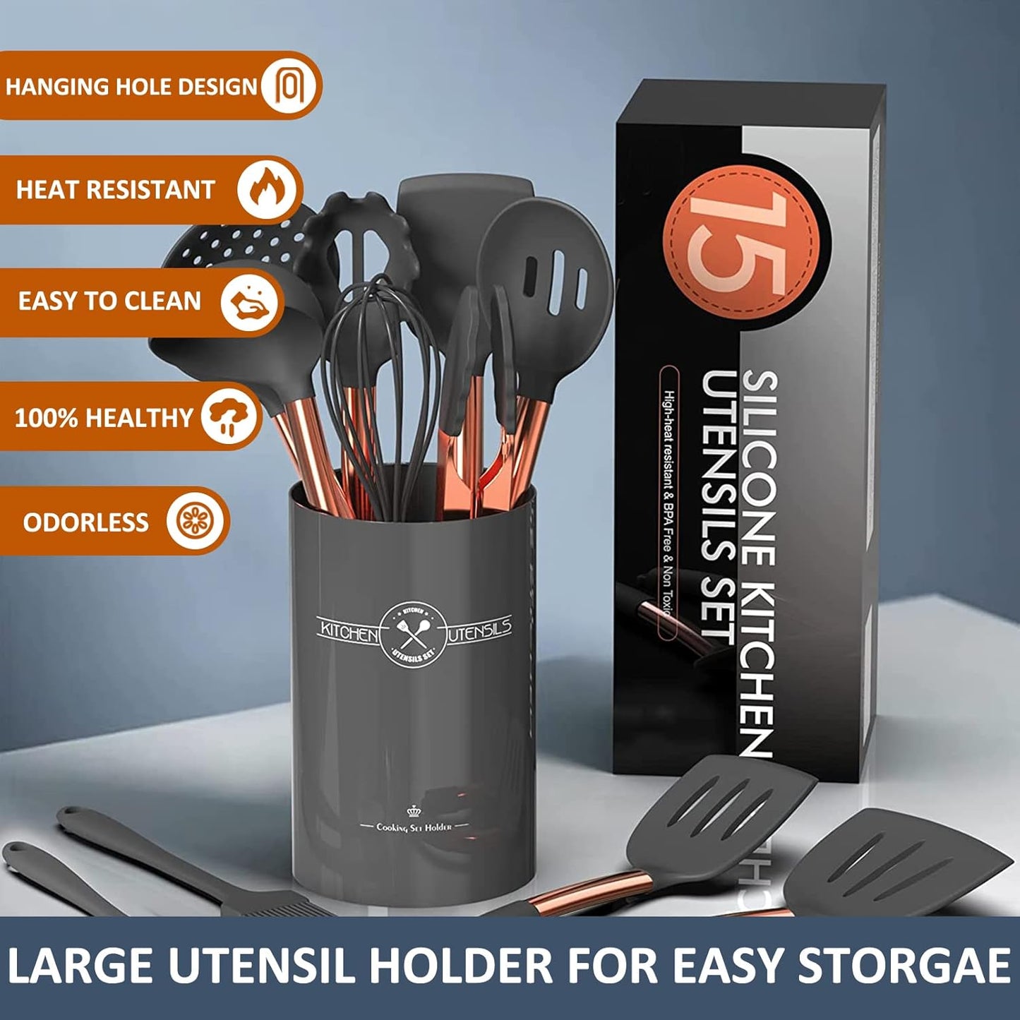Silicone Cooking Utensil Set, Umite Chef 15pcs Silicone Cooking Kitchen Utensils Set, Non-stick - Best Kitchen Cookware with Stainless Steel Handle - Black Kitchen Utensils