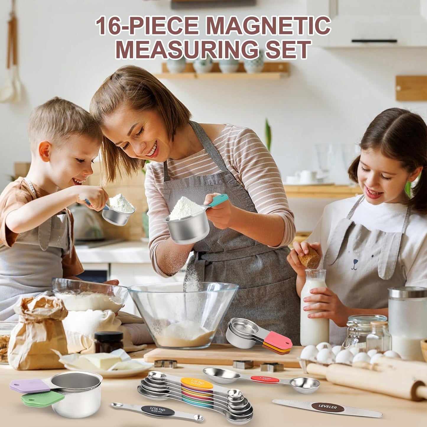 16-Piece Stainless Steel Measuring Cups and Spoons Set, Strong Magnetic Nesting Design 7 Cups 8 Spoons with Leveler, Double Measurement Markings for Dry & Liquid Ingredients, Gold