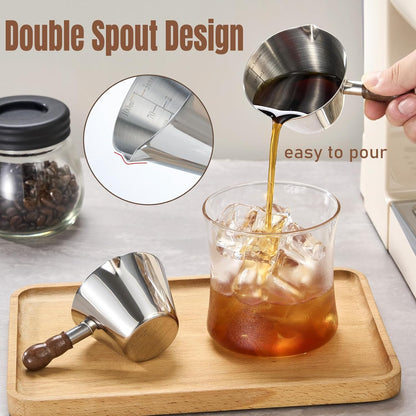 Baalaka Stainless Steel Espresso Cups Set of 2, 3 OZ Double Spout Glass Measuring Cup with Handle, Milk Frothing Pitcher with Spout & Scale, Espresso Accessories for Coffee, Latte Art and Kitchen Use