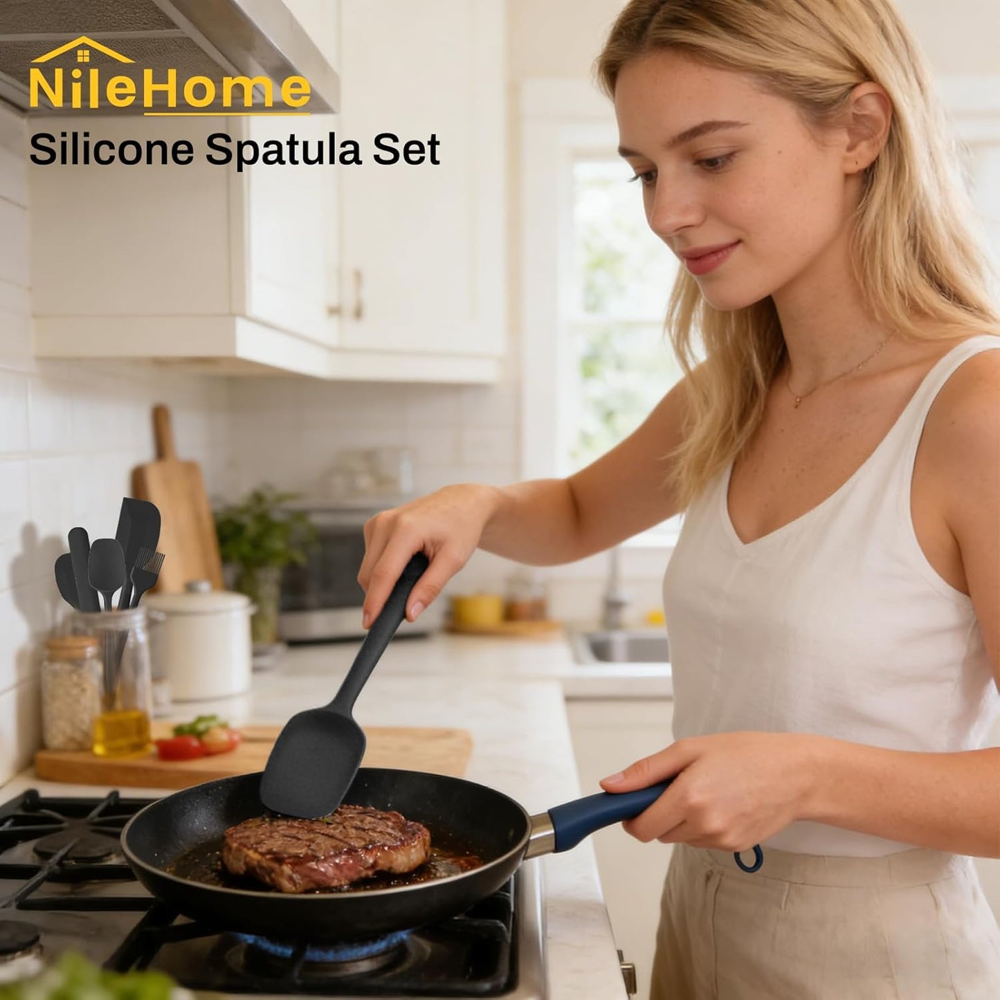NileHome Silicone Spatula Set, 5 Pieces Food Grade Kitchen Utensils with Silicone Brush Heat Resistant BPA-free Rubber Spatula for Scraping, Baking, Cooking, Mixing—Black