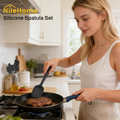 NileHome Silicone Spatula Set, 5 Pieces Food Grade Kitchen Utensils with Silicone Brush Heat Resistant BPA-free Rubber Spatula for Scraping, Baking, Cooking, Mixing—Black