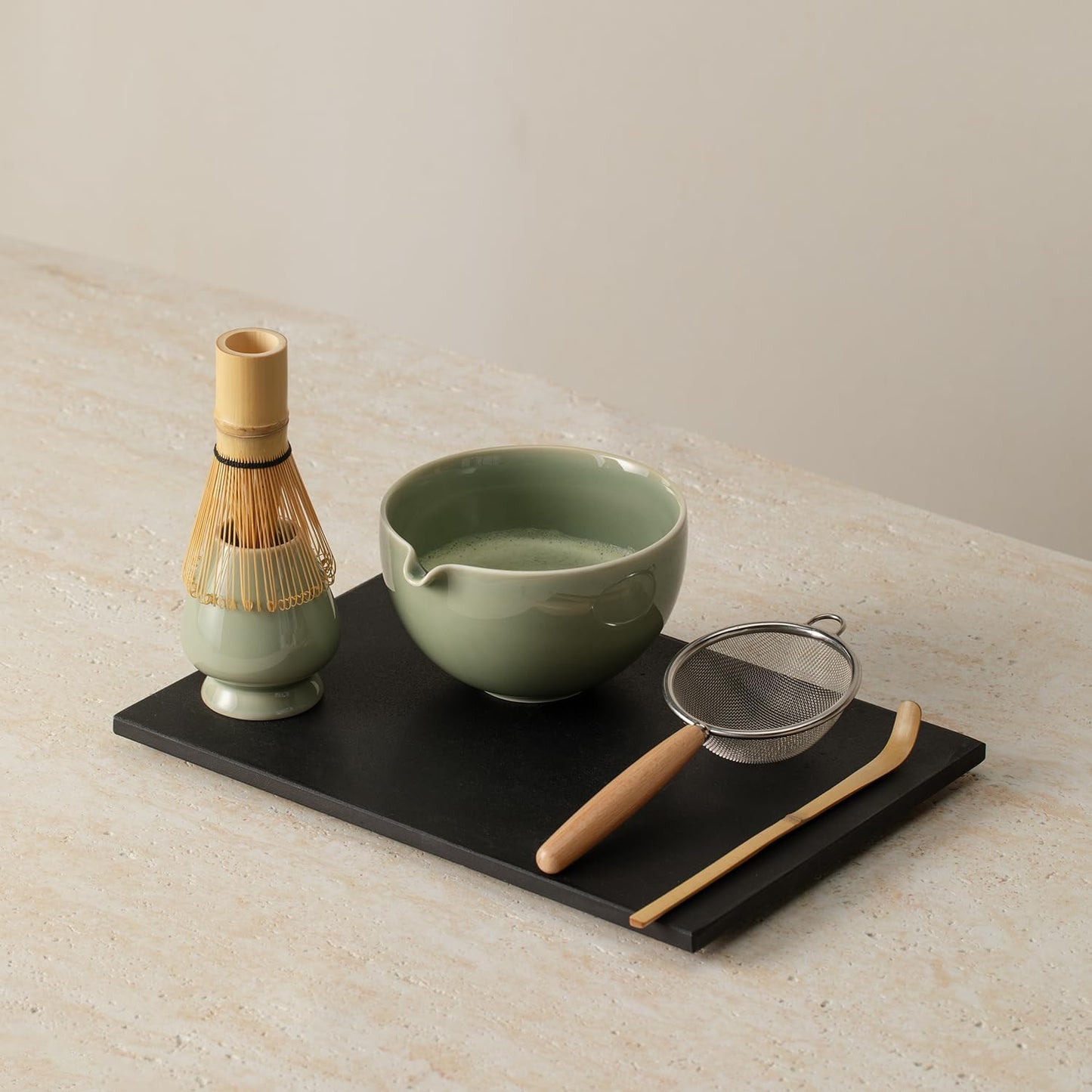 Matcha Whisk Set, Matcha Set with Ceramic Matcha Bowl, Bamboo Whisk & Holder, Sifter, Tea Scoop (Black Gold)
