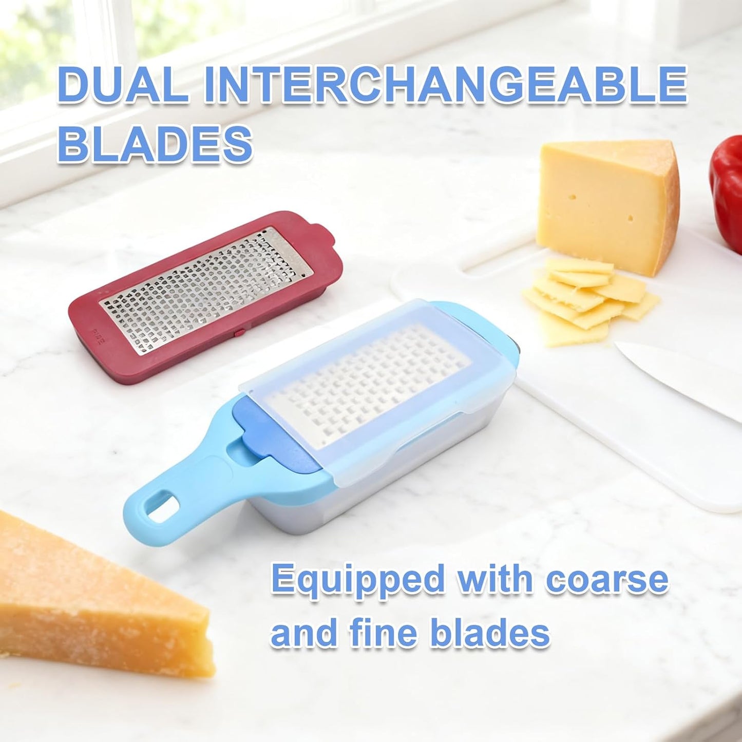Hoypeyfiy Interchangeable Grater with Storage Box, Cheese Grater Kit Includes Coarse & Fine Stainless Steel Blades for Kitchen, Non-Slip Base for Stability