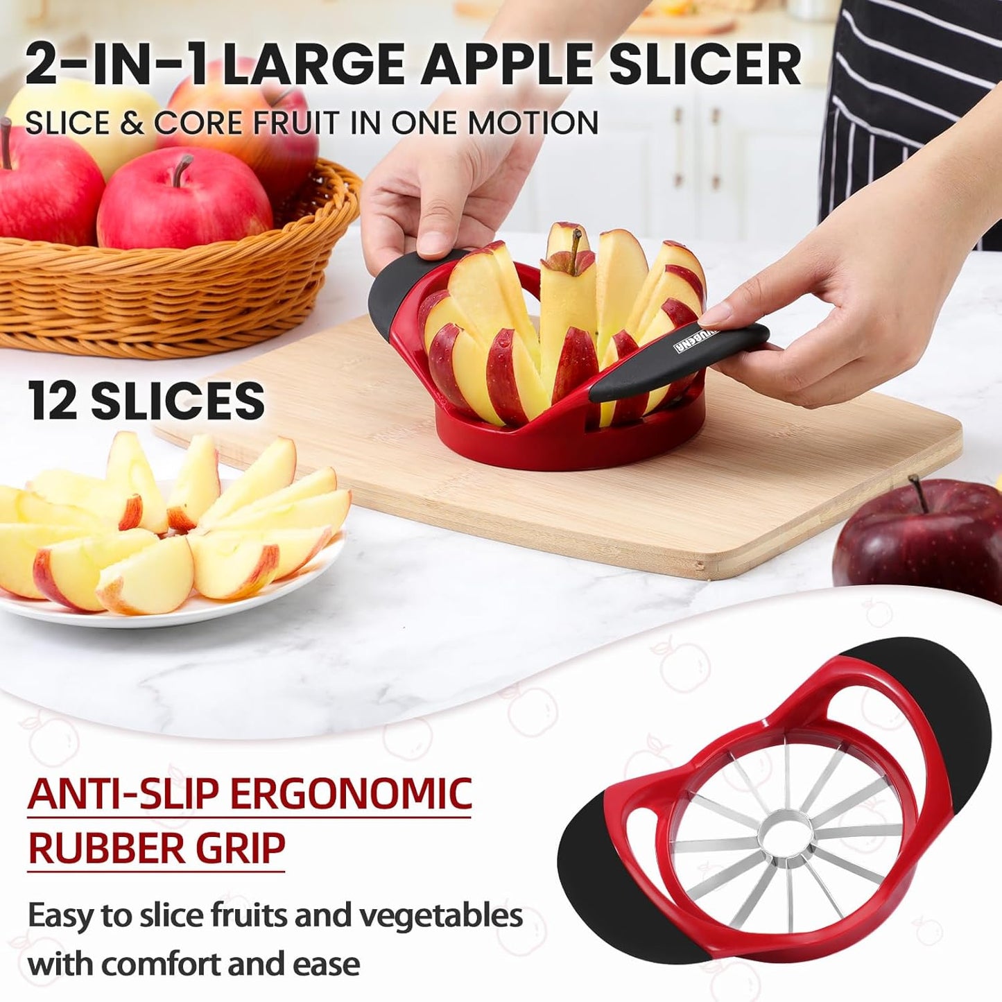 SCHVUBENR 12-Blade Apple Slicer and Corer - 4.72 Inch Sharp Stainless Steel Apple Cutter - Professional Apple Divider Tool for Quick Slices - Easy to Use & Clean - Slice Fruits with Ease - Black