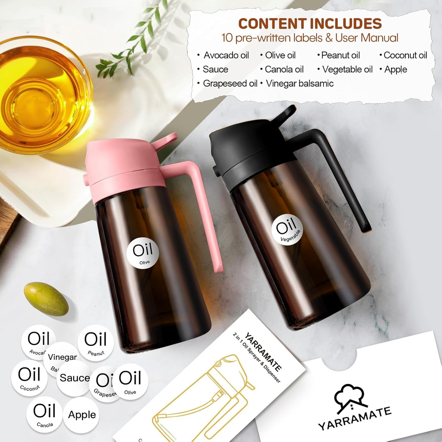 YARRAMATE 2Pcs 16oz/470ml Dark Brown Oil Sprayer for Cooking with Stickers, Food-grade Premium 2 in 1 Olive Oil Dispenser Bottle for Kitchen Gadgets, Air Fryer, Salad, Frying, BBQ (Black&OliveGreen)