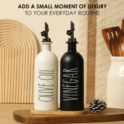 HOMCDALY Premium Olive Oil Dispenser for Kitchen, 11.8oz Glass Oil Bottles with Bamboo Tray, White and Gold Oil&Vinegar Cruet Set, Kitchen Dispenser Bottles with Pourer| Set of 2 (11.8oz –P–Gold)