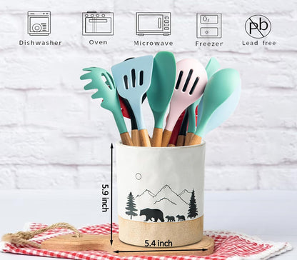 dgudgu Bear Ceramic Kitchen Countertop Utensil Crock White Large Cooking Utensil Holder