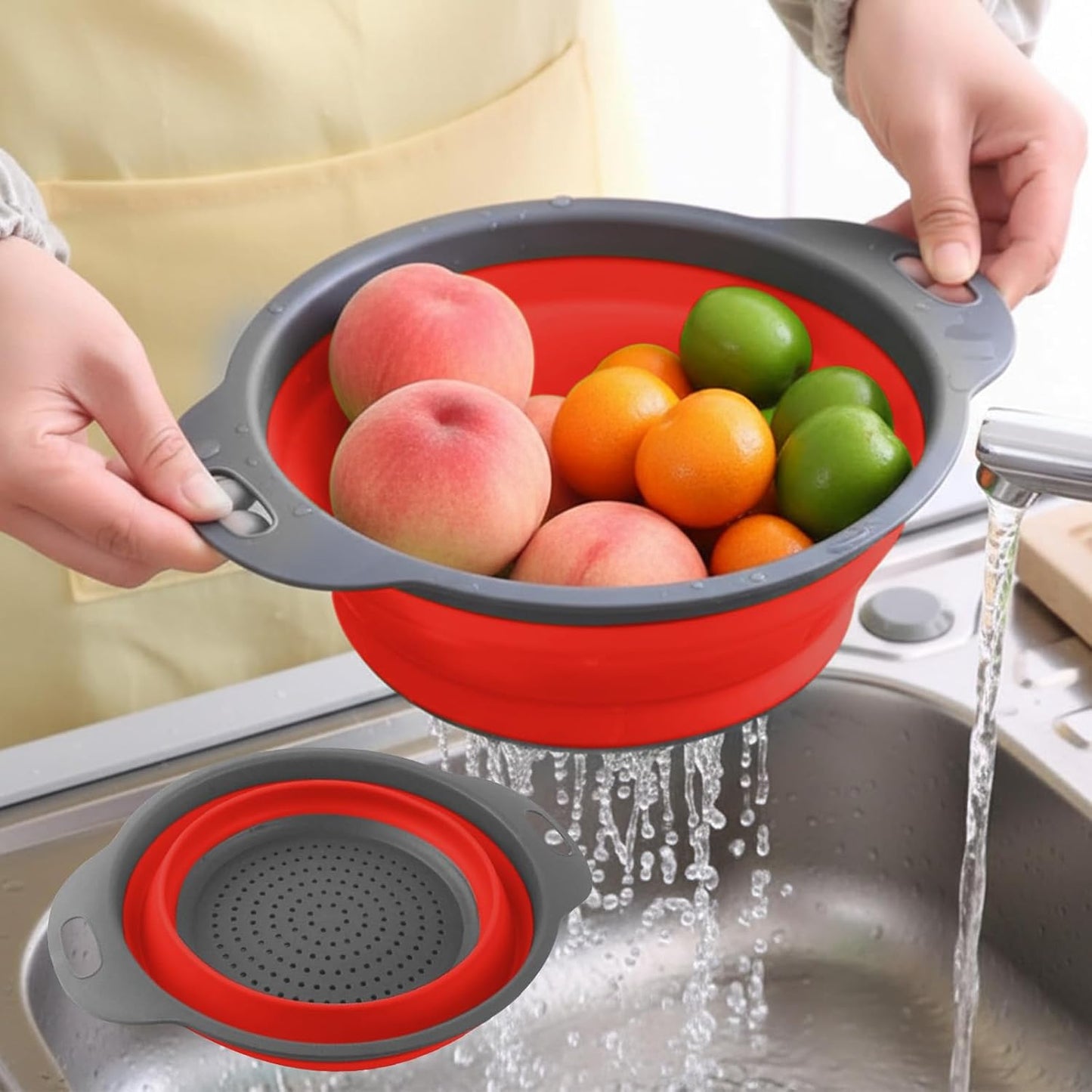 Collapsible Colanders, Food Strainers for Kitchen Use, Food-Grade Silicone Folding Strainer for Rinsing and Draining, Orange