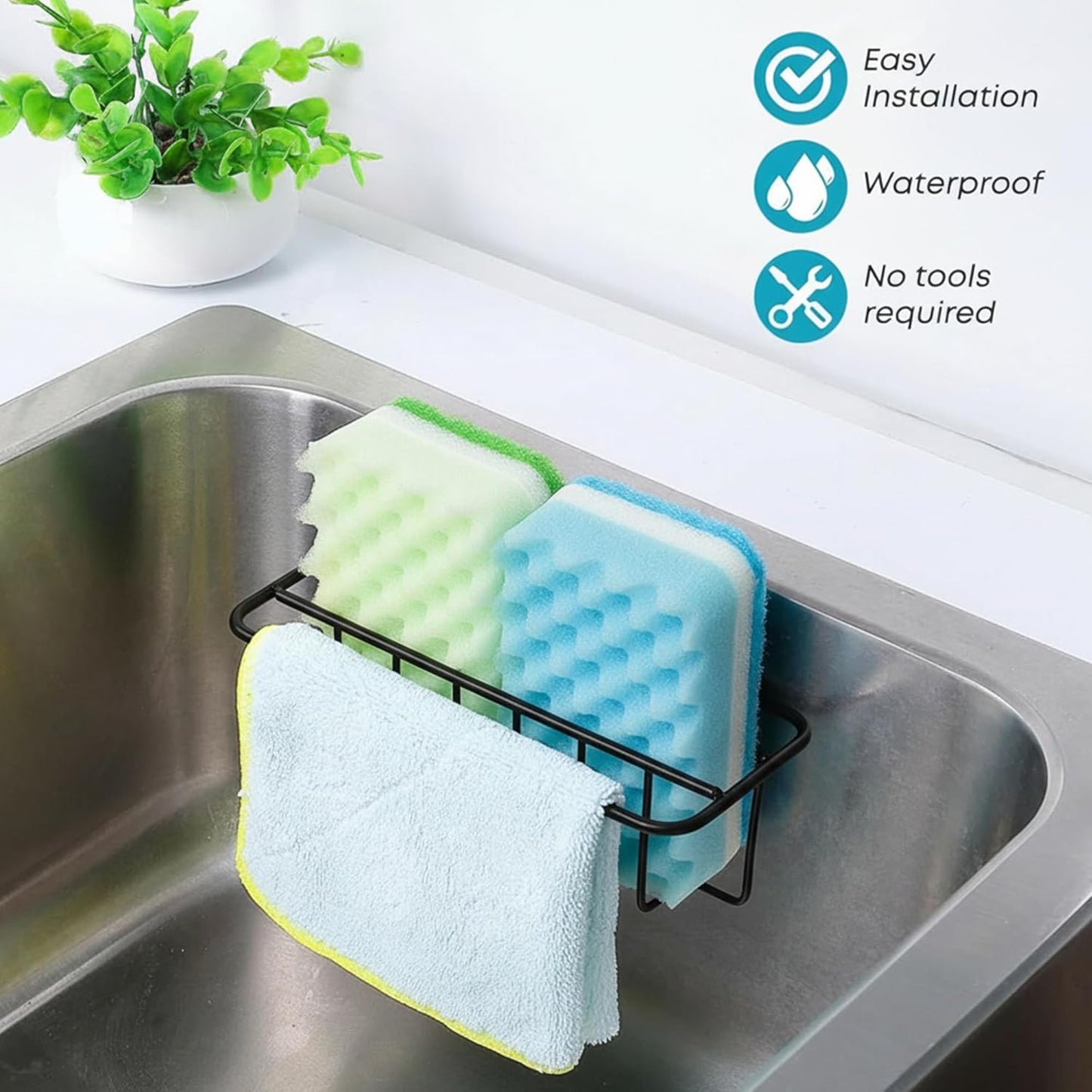 KESOL Adhesive Kitchen Sink Sponge Holder + Dish Cloth Hanger + Soap Holder, 2-in-1 Kitchen Sink Caddy, 304 Stainless Steel Rust Proof, Water Proof, No Drilling (Silver)
