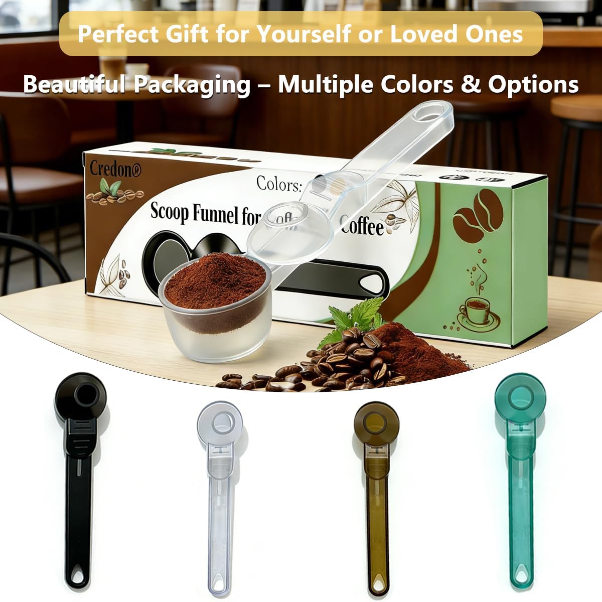 Credon Coffee Scoop with Funnel for Ground Coffee & Protein Powder – Coffee Bean Measuring Spoon, 2 Tablespoon Slide Scoop for Reusable K-Cup, Precision Spill-Proof (Black)