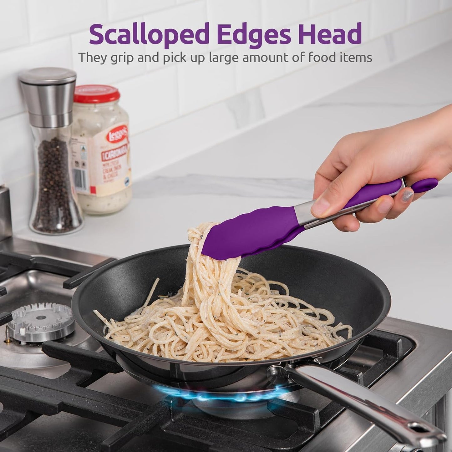 600ºF Heat Resistant Kitchen Tongs: U-Taste 9 inch Silicone Cooking Tong with Firm Sealed Non Stick Rubber Tips & Silicon Coated 18/8 Stainless Steel Handle & Smooth Locking for Serving Salad (Black)