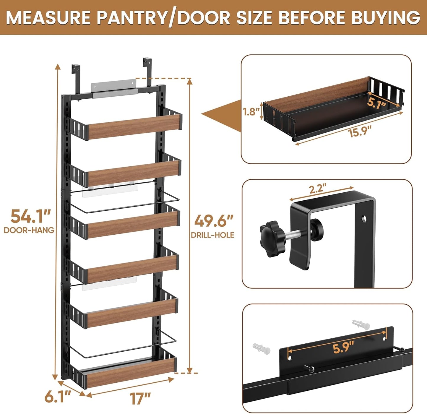 POKIPO 8 Tier Over The Door Pantry Organizer, 2 IN 1 Wall Mount or Hanging Spice Rack Seasoning Shelves with Adjustable Basket, Back of Door Organizer and Storage for Kitchen Cabinet and Room Closet