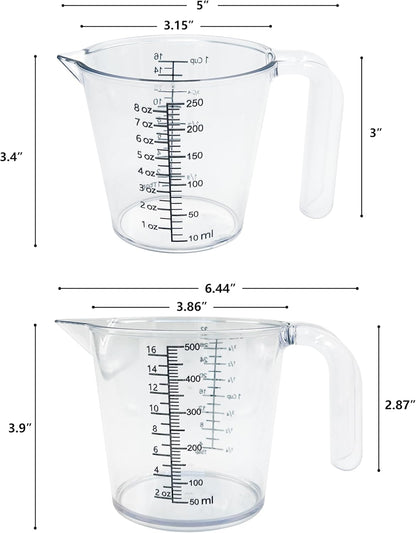 Laser-Etched Measuring Cup Set, 16 oz & 1 Cup Clear Plastic Liquid Measuring Cups, Permanent oz/cup/Tbsp/mL Markings, Food-Grade for Baking & Cooking