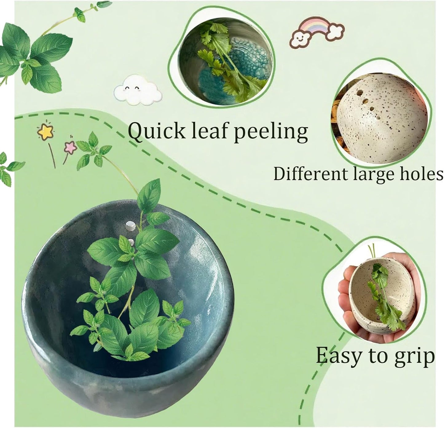 2025 New Handmade Pot Herb Stripper, Herb Stripper Bowl Ceramic, Used for Separating Leaves and Stems, Different Sizes of Holes Suitable for Leaves of Different Sizes (Blue)