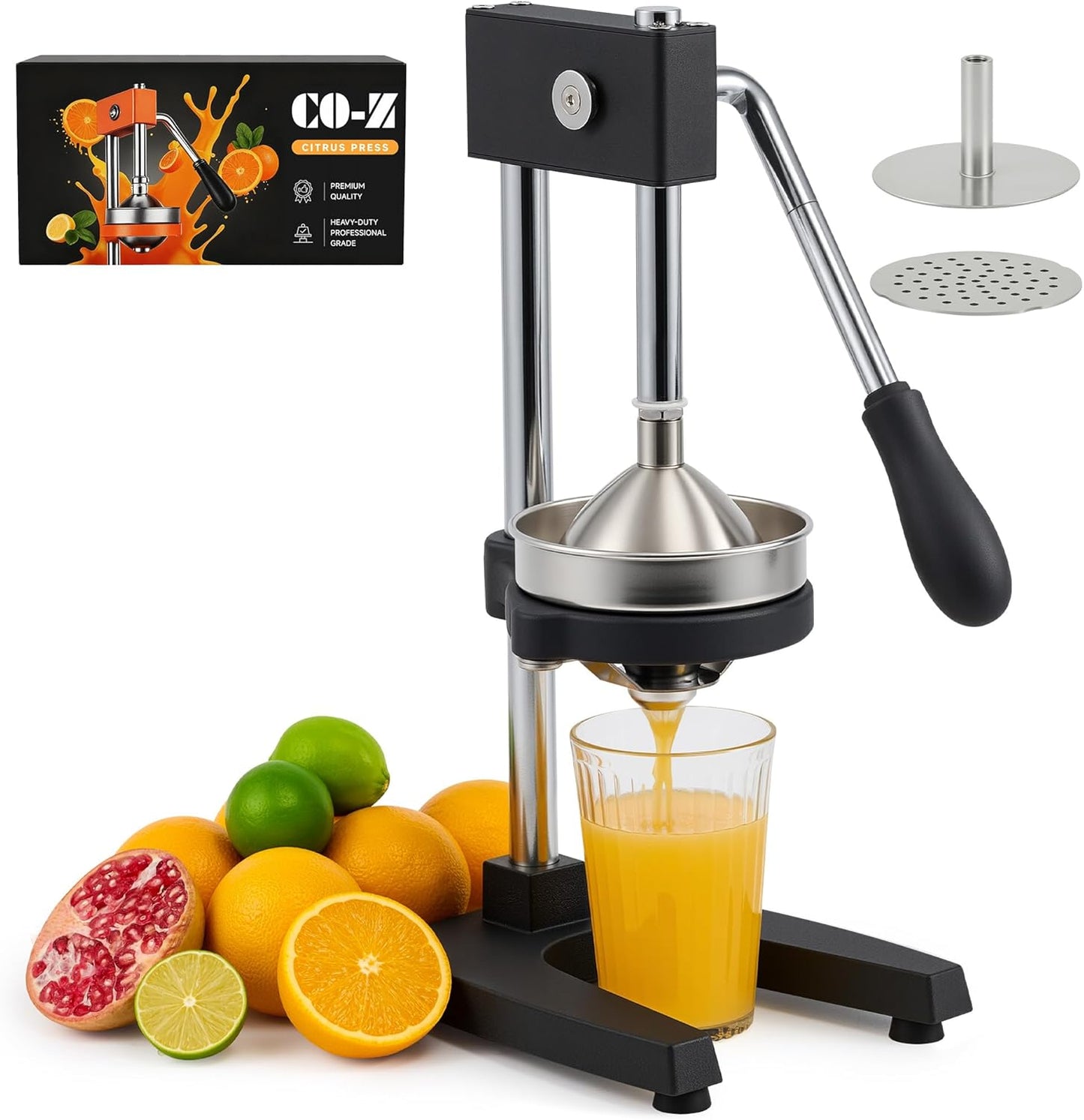 CO-Z Manual Citrus Juicer, Commercial Grade Cast Iron Orange Juicer, Professional Heavy Duty Juice Press with Removable Strainer, Manual Juice Extractor for Orange Lemon Pomegranate Citrus, Black