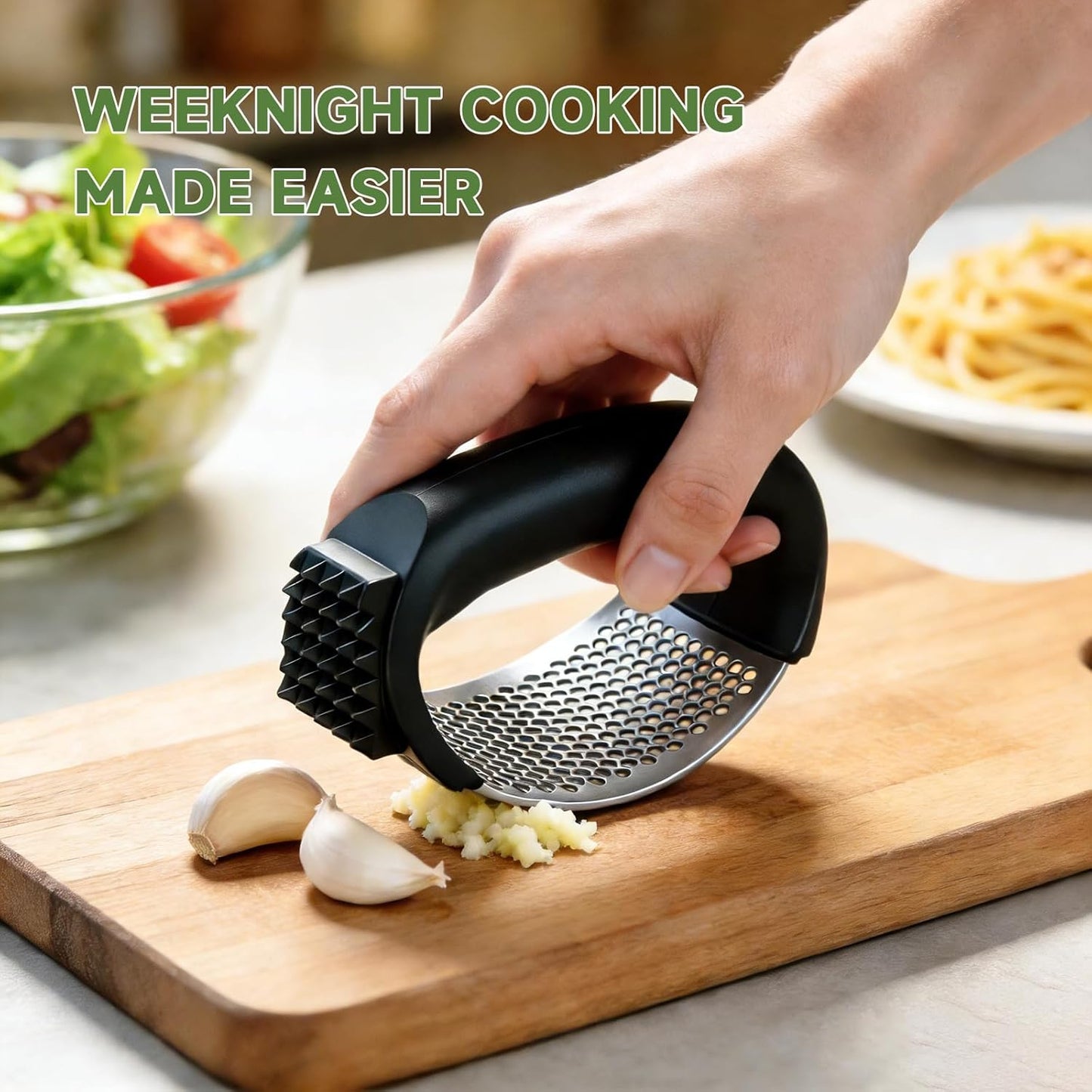Garlic Press Rocker 304 Stainless Steel Garlic Mincer Crusher Easy to Clean Dishwasher Safe Textured End for Light Tenderizing, with Silicone Peeler and Cleaning Brush (Pink)