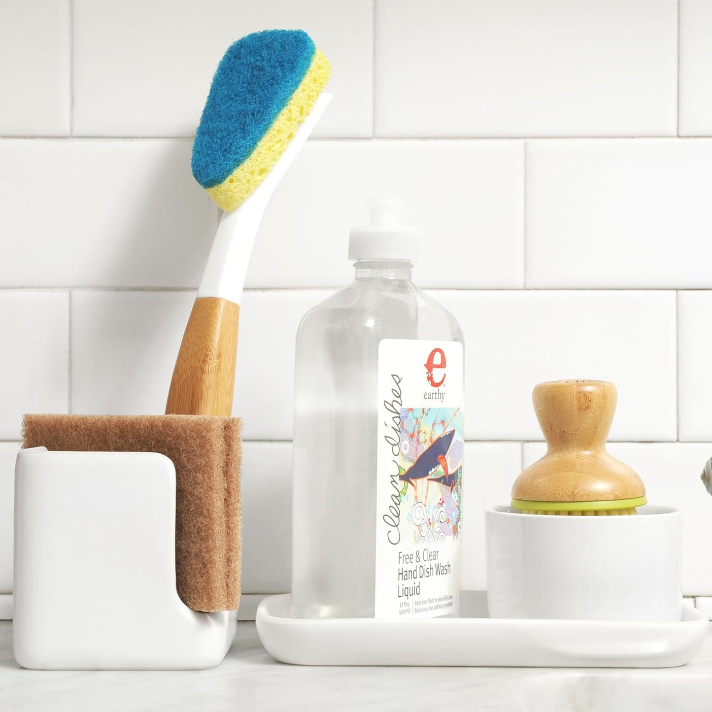 Full Circle Stash, Ceramic Kitchen Sink Caddy, Stylish Sponge Holder & Dish Brush Organizer, Easy to Clean, Dishwasher Safe, Rustproof, White and Gray