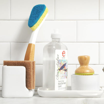 Full Circle Stash, Ceramic Kitchen Sink Caddy, Stylish Sponge Holder & Dish Brush Organizer, Easy to Clean, Dishwasher Safe, Rustproof, White and Gray