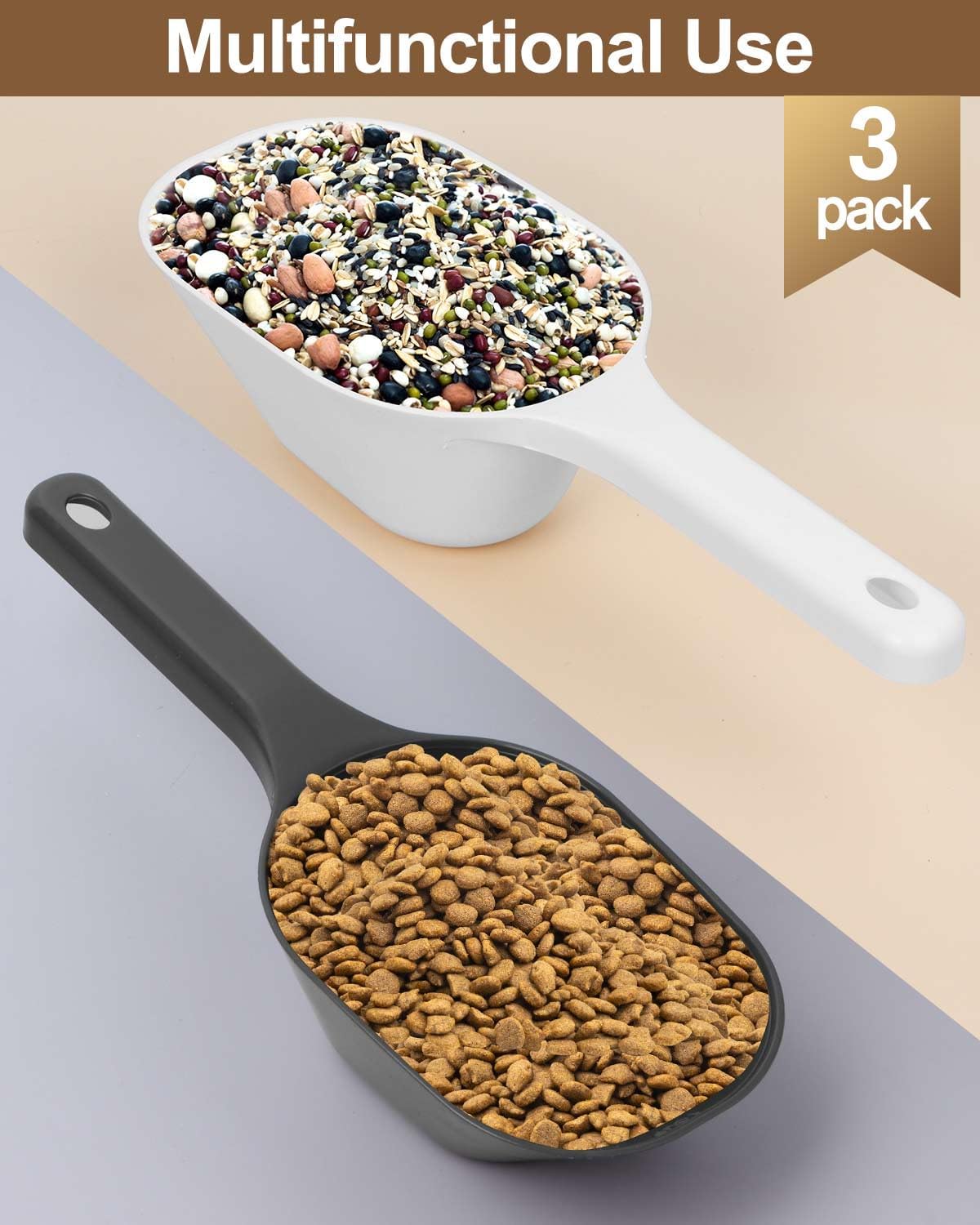 3PACK Dog-Cat Food-Scoop Measuring-Cup,1 Cup Capacity Versatile Plastic Pet Food Scoop with Measuring Lines 1 Cup and 1/2 Cup for Precise Portion Control (Black, Grey and Green)