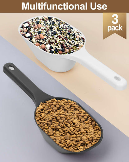3PACK Dog-Cat Food-Scoop Measuring-Cup,1 Cup Capacity Versatile Plastic Pet Food Scoop with Measuring Lines 1 Cup and 1/2 Cup for Precise Portion Control (Black, Grey and Green)