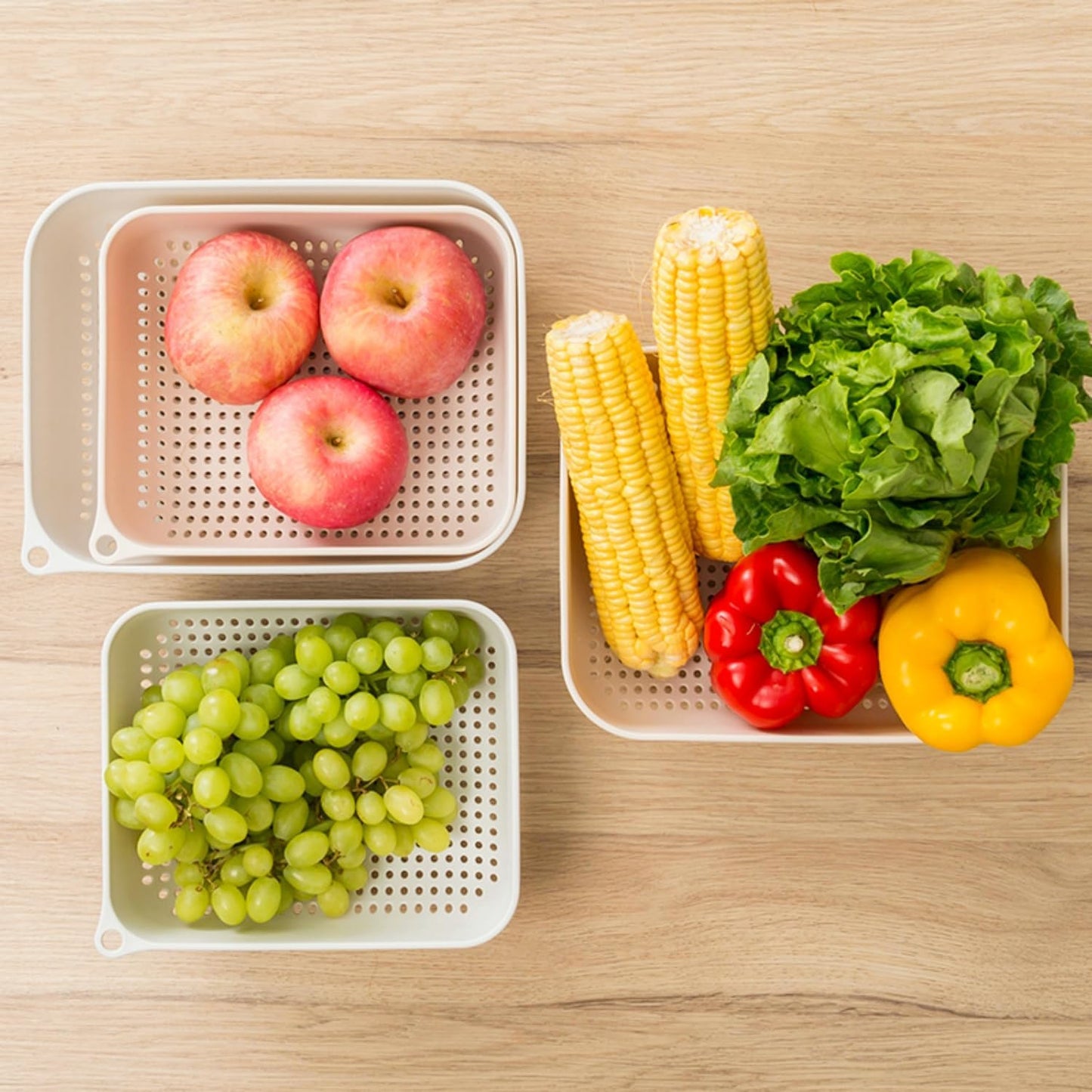 3pcs Fruits & Vegetable Colander Set,2 in 1 Fruit Washing Basket with Strainer,Multipurpose Vegetable Filter,Multi-layer Kitchen Draining Basket Set