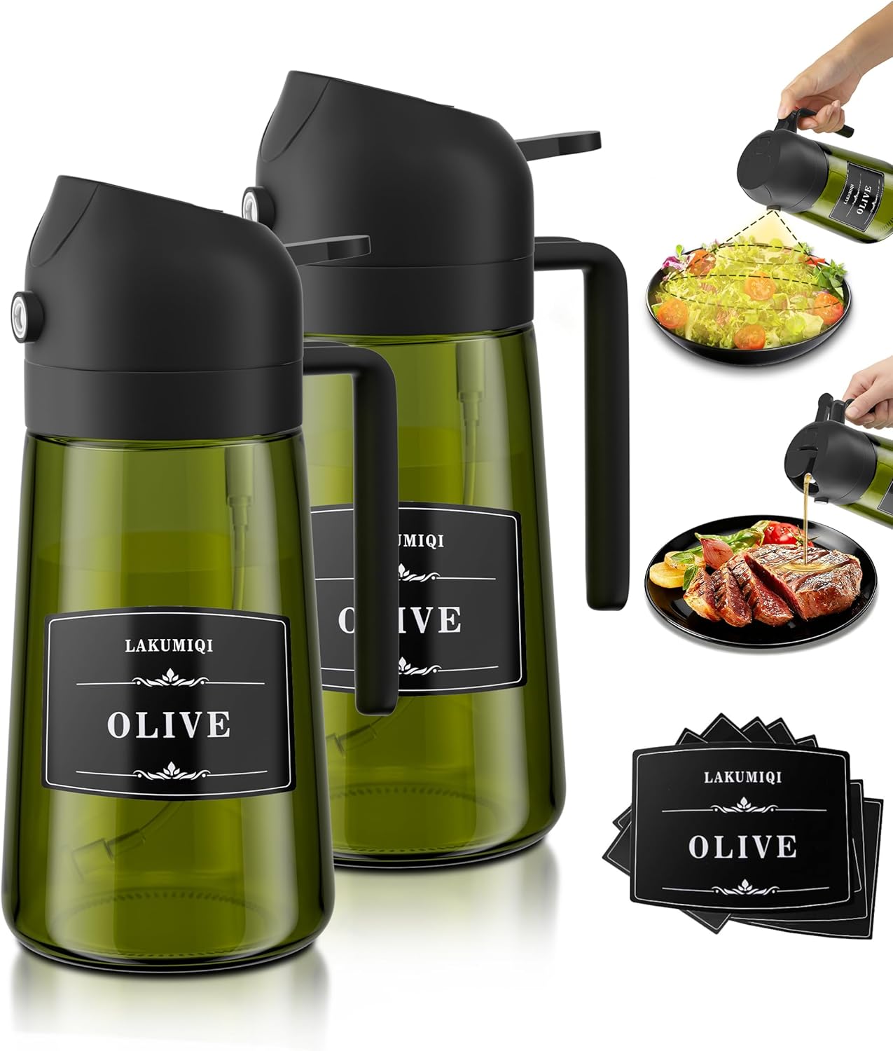 LAKUMIQI 2 in 1 Oil Sprayer for Cooking, 16oz Olive Oil Dispenser Bottle for Kitchen, Food Grade Light-Blocking Leak Proof Glass Spray Bottle for Salad, Air Fryer, BBQ