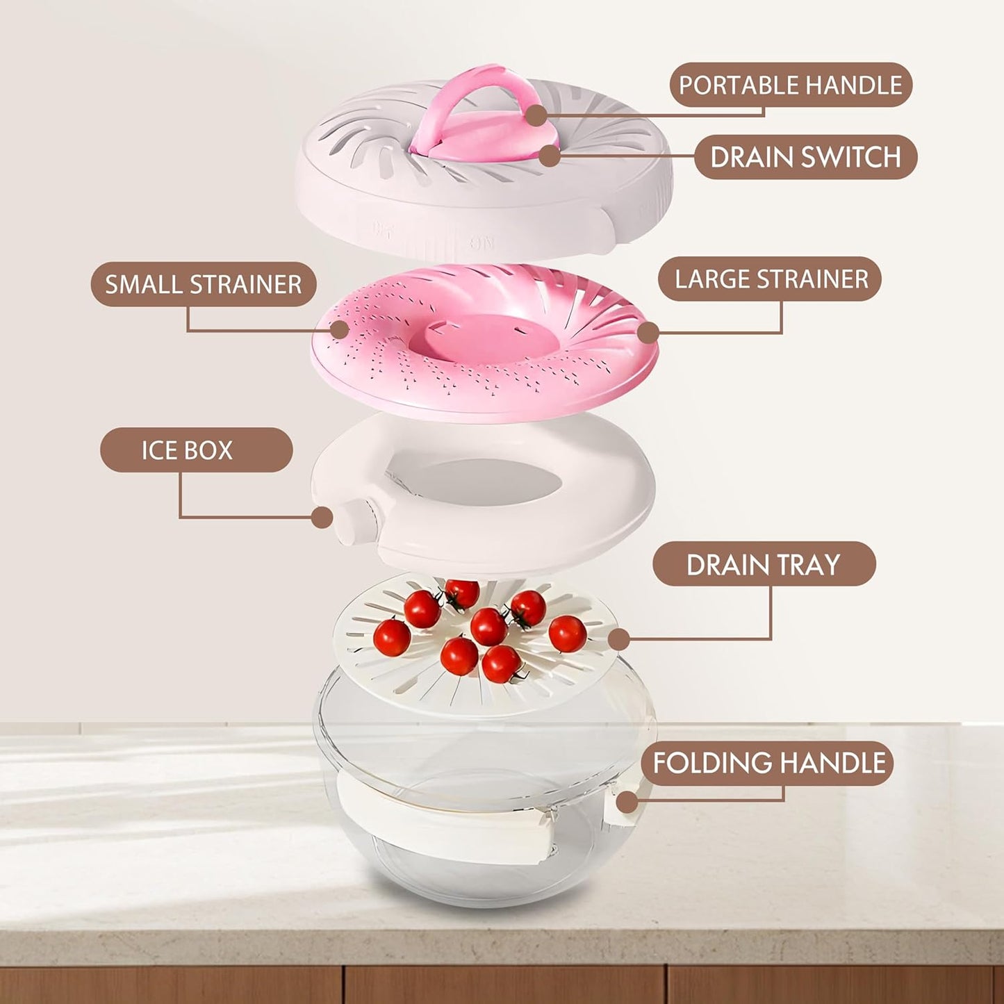New Upgrade Fruit Washing Bowl with Strainer,3 in 1 Multipurpose Drain Basket with Lid & Ice Box,Foldable Handle Fruit Strainer,Fruit Washer Perfect for Fridge Storage and Outdoor Picnics(1 QT)