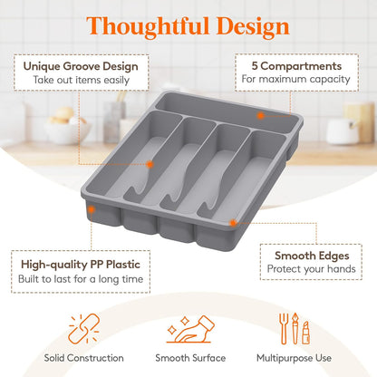 Lifewit Silverware Organizer with Lid, Covered Utensil Tray for Kitchen Drawer and Countertop, Plastic Cutlery and Flatware Storage Box for Spoons Forks Knives Holder Case, 12.6x11.8", Gray