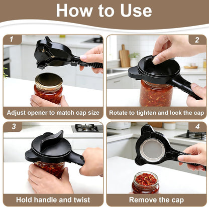 Multi-Functional 4-in-1 Jar Opener, Adjustable Stainless Steel Bottle Opener for Multi Size Jar Bottles with Ergonomic Non-Slip Handle Grip, Kitchen Helper for Seniors Weak Hands Arthritis
