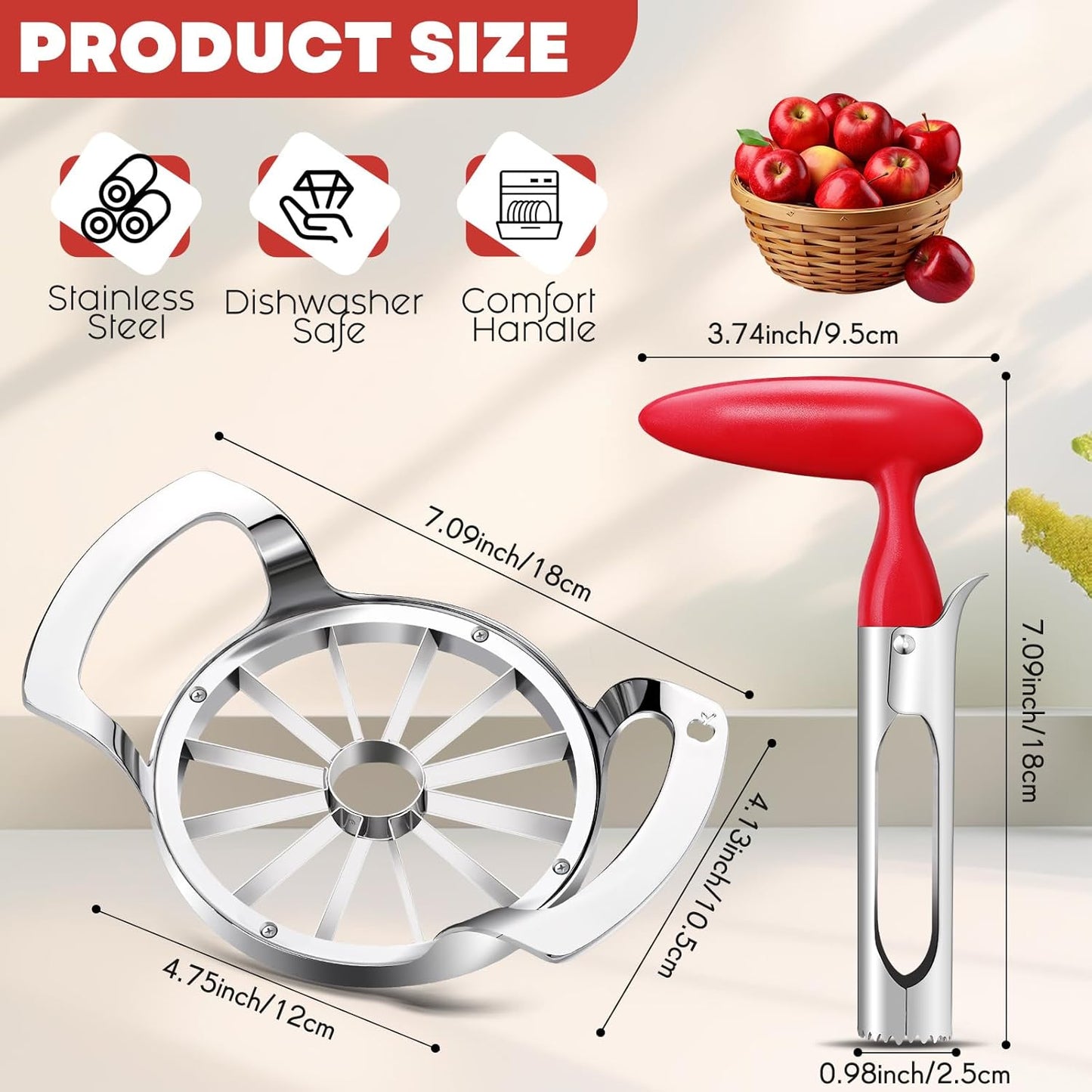 Lasnten Set of 2 Apple Slicer and Corer Set Stainless Apple Corer Apple Core Remover with Non Slip Handles Apple Cutter Apple Slicer 12 Slices for Kitchen Tomato Pear Peach Cutting