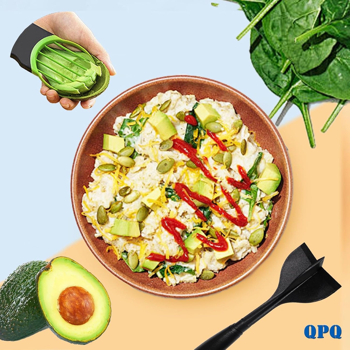 QPQ Good Grips Scoop And Avocado Masher Tool , Guacamole Masher- Slicing & Smashing, Ergonomic Non-Slip Handle, Perfect for Guacamole, Soft Fruits & Vegetables (Black)（Gift 3-in-1 Avocado Slicer）