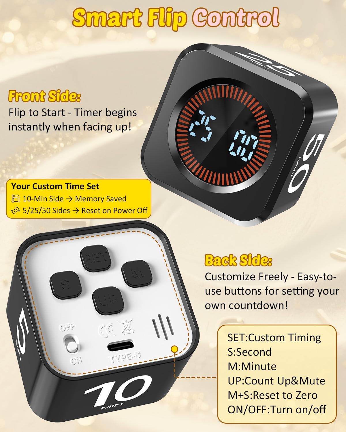 Digital Pomodoro Timer Cube 5/10/25/50min, Visual Productivity Flip Timer for Kids Classroom Desk, Custom Countdown, Silent and Sound Mode for ADHD Study Work Game Kitchen (Orange)