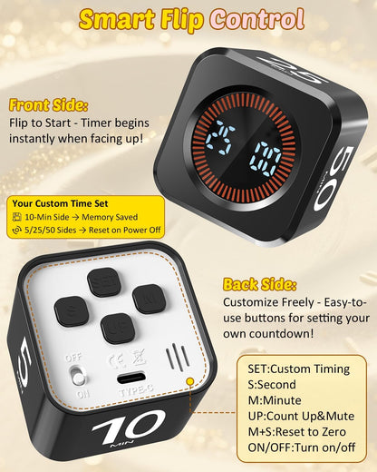 Digital Pomodoro Timer Cube 5/10/25/50min, Visual Productivity Flip Timer for Kids Classroom Desk, Custom Countdown, Silent and Sound Mode for ADHD Study Work Game Kitchen (Orange)