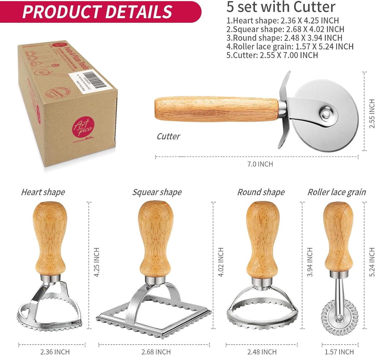 ARTPICO Ravioli Stamp Maker Cutter Roller Wheel Set of 5 Pasta Making Kit Wooden Handle Fluted Edge for Ravioli Press Cutter Pastry Dumplings Lasagna Pierogi Dough cut