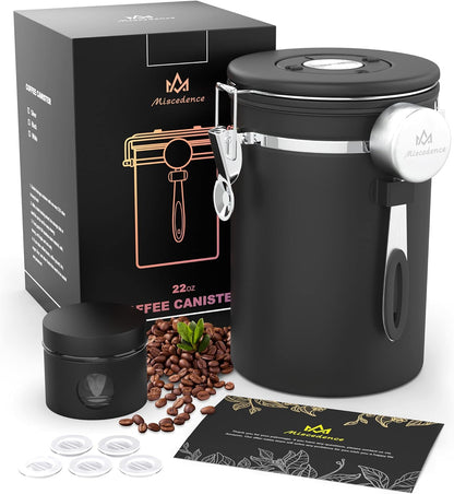 Coffee canister for ground coffee with Scoop Date Tracker One Way Co2 Valve 304 Stainless Steel Kitchen Food Airtight storage container for Coffee Beans,Grounds,Tea,Sugar (Black, 16oz)